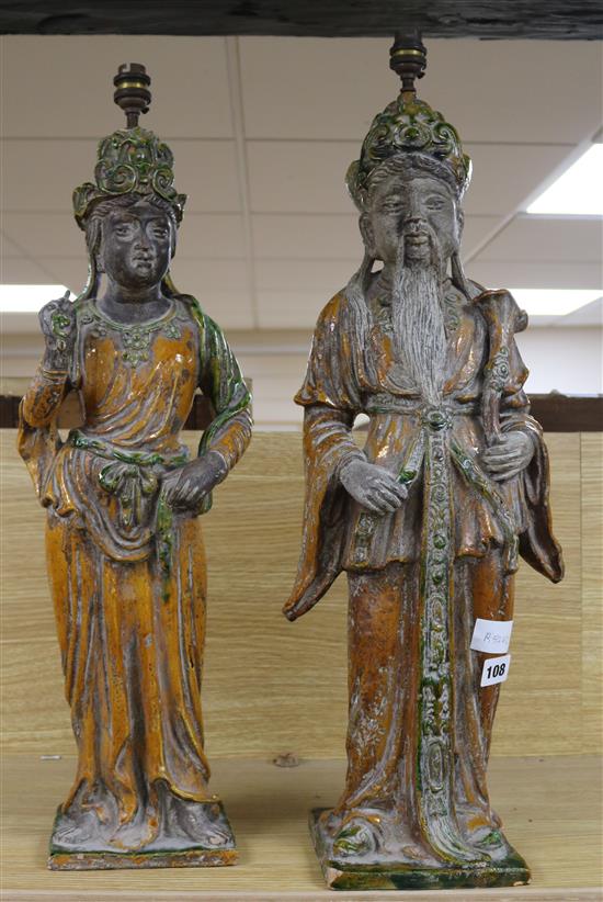 A pair of Tang style figural table lamps of an Emperor and Empress height 68cm incl. fitting